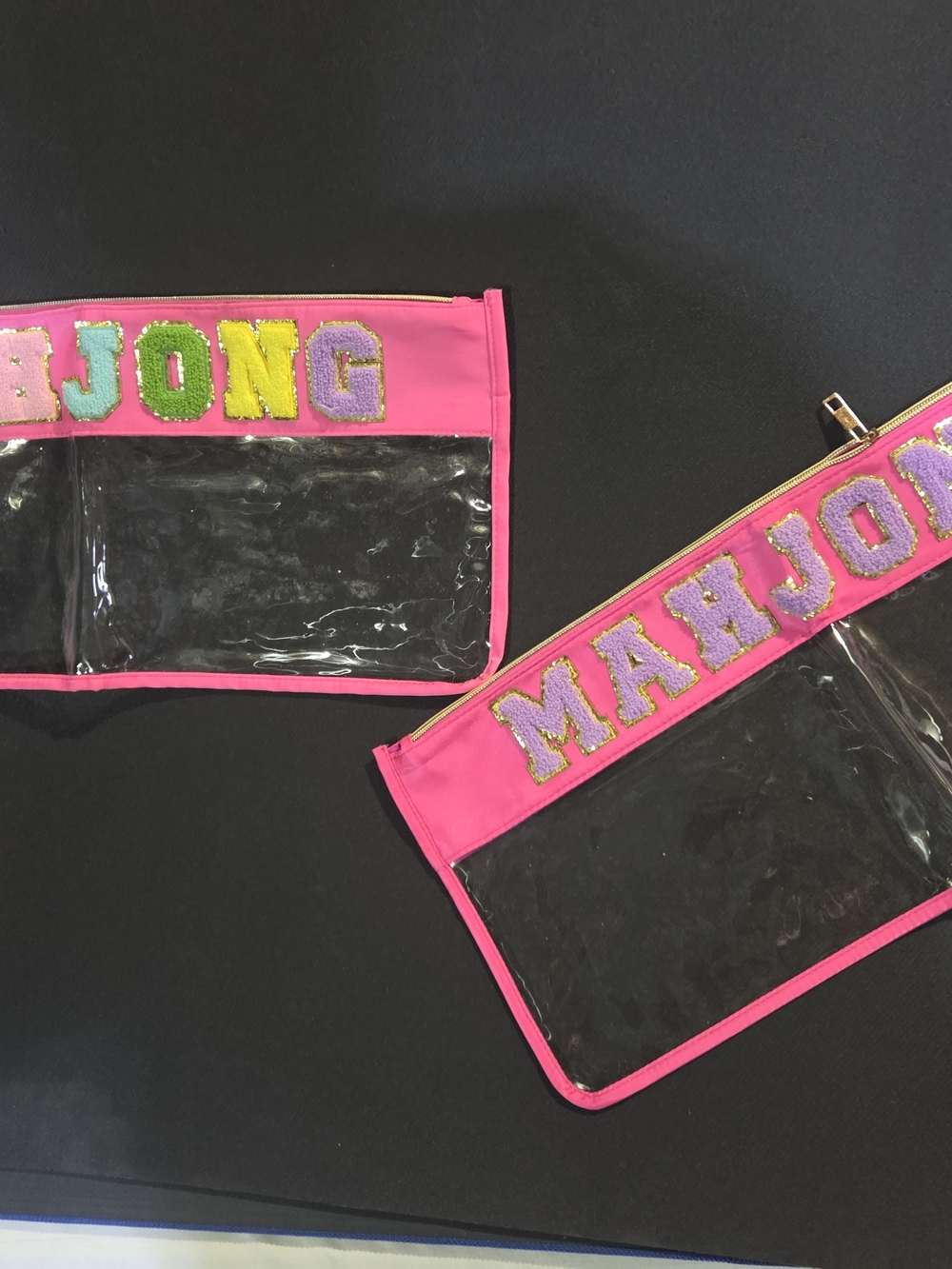MAHJONG Clear Travel Pouch - Pink with Multicolor Embroidered Letters